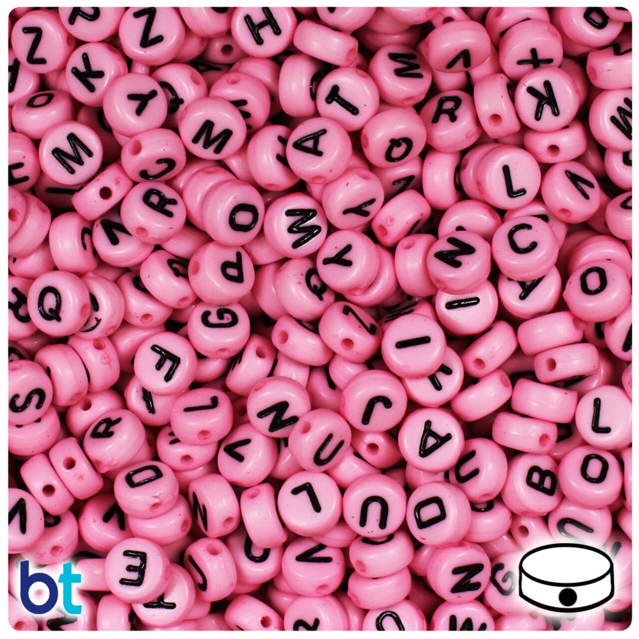 BeadTin Dark Pink Opaque 7mm Coin Plastic Alpha Beads - Black Letter Mix (250pcs)